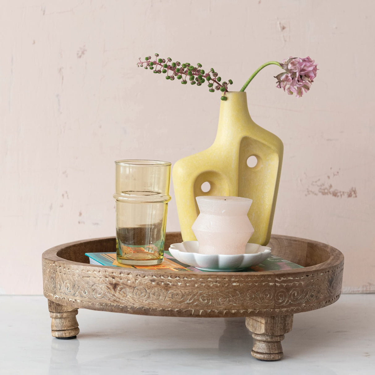 Creative Co-Op Boho Footed Wood Carved Design, Natural Decorative Tray Creative Co-Op