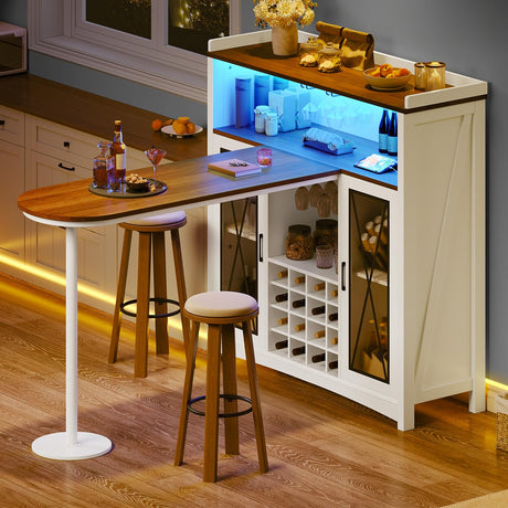 DWVO Home Bar Unit with LED Lights ＆ Wine Cabinet, Farmhouse Bar Cabinet with Wine Storage, Mini Bar Table Coffee Cabinet with Glasses Holder Hanger Footrest for Home Kitchen Pub, White&Walnut DWVO