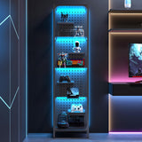 Saudism Glass Display Shelf for Collectibles, LED Black Shelf, Curio Cabinet, Lighted Tall Narrow Shelf with Pegboard Steel Frame for Gaming Room, Floor Lamp with Shelves, Living Room, Bedroom, Small Saudism