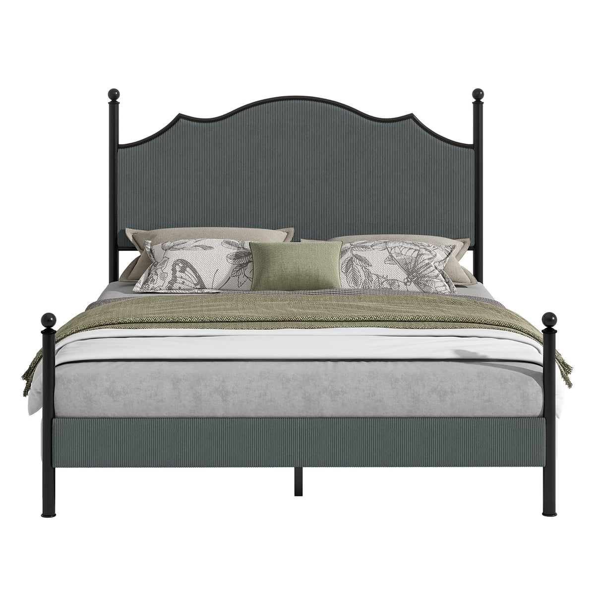 AMERLIFE Upholstered Full Size Bed Frame with 51.2" Tall Headboard, Metal Four Poster LED Beds for Bedroom, Easy Assembly, Wooden Slats, Dark Grey AMERLIFE