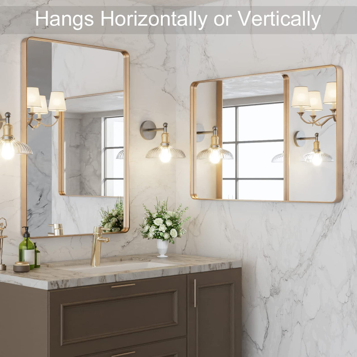 LOAAO 24”X36” Gold Bathroom Mirror, Rounded Rectangle Gold Frame Mirror, Brushed Gold Bathroom Vanity Mirror Wall-Mounted, Anti-Rust, Tempered Glass, Hangs Horizontally or Vertically LOAAO