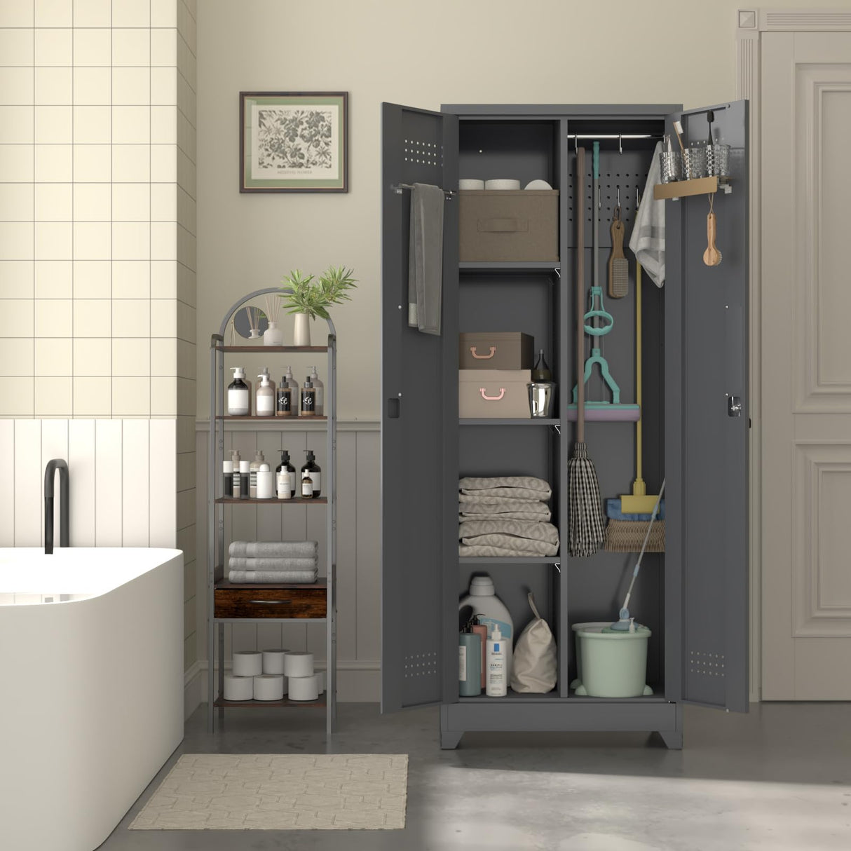 LUCYPAL 65" H Metal Garage Storage Cabinet with Shelves and Lock,Broom Closet Storage Cabinet with Hanging Rods for Mops,Garage Tool Cabinets for Utility Room,Laundry Room,Grey LUCYPAL