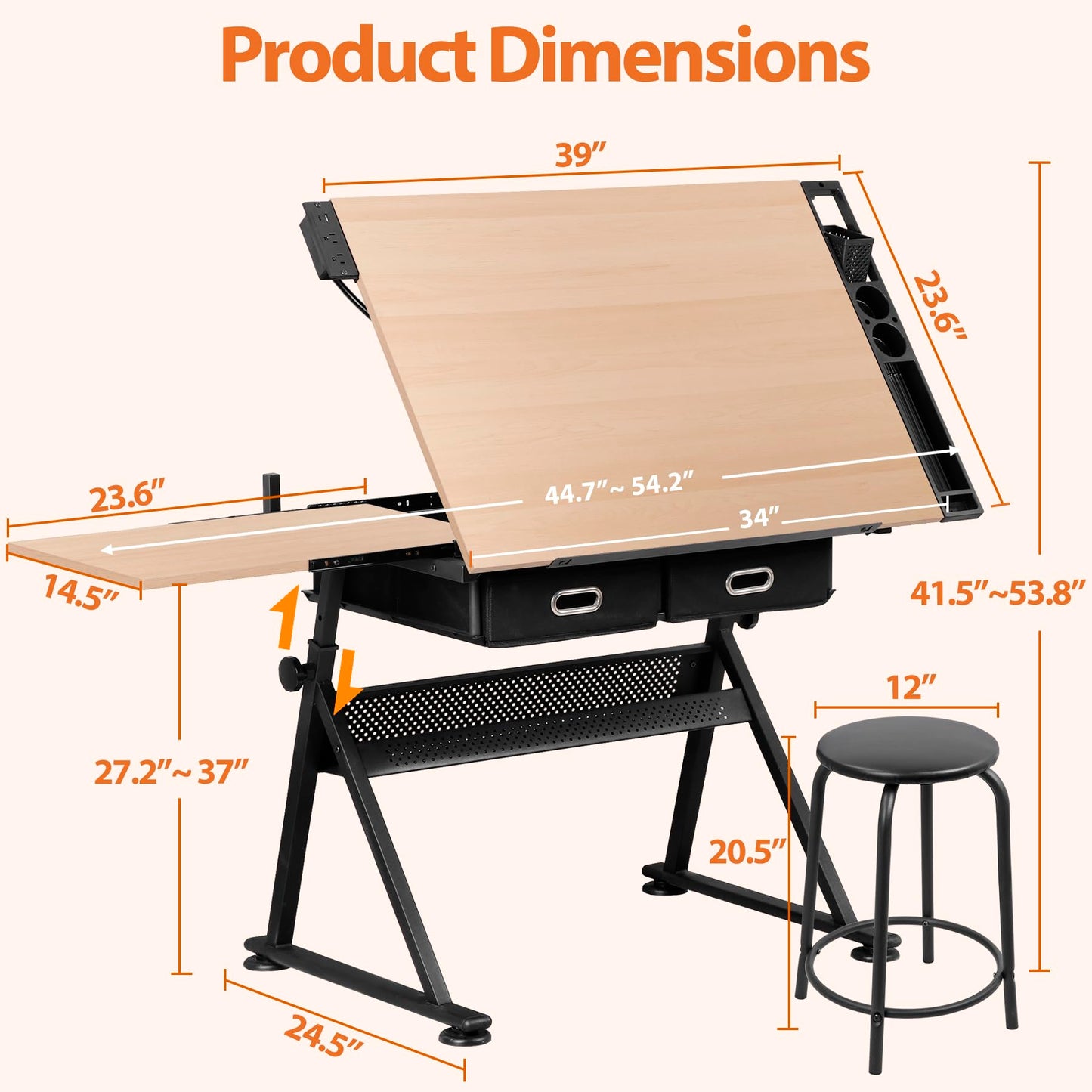 SUPER DEAL Adjustable Drafting Table Set with Charging Station, Tilting Drawing Desk Artist Desk with Stool Multifunctional Art Craft Workstation with 2 Storage Drawers for Home Office School