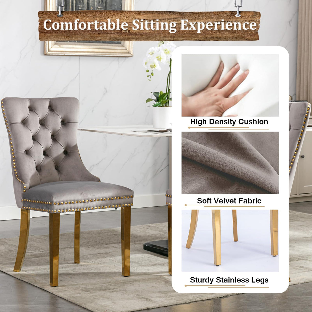 7-Piece Dining Table Set with 6 Grey Upholstered Chairs, 70" Black Gold Faux Marble Kitchen Table Set for 6, O-Shape Pedestal Dining Room Table Set for 6, Modern Dining Table Set for 6 Nimaolt