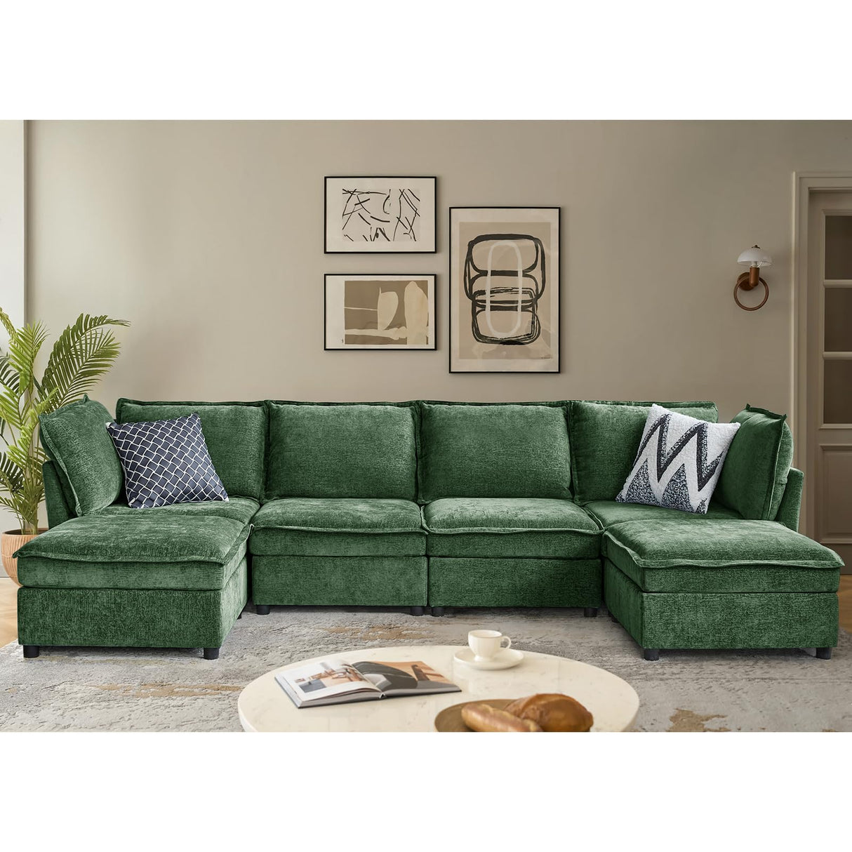 HULALA HOME 127'' Modular Sectional Sofa, Oversized U Shaped Couch with Storage Ottoman, Comfy Chenille Sofa with Deep Seat, 6 Seat Convertible Couches for Living Room, Green HULALA HOME
