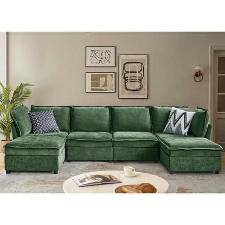 HULALA HOME 127'' Modular Sectional Sofa, Oversized U Shaped Couch with Storage Ottoman, Comfy Chenille Sofa with Deep Seat, 6 Seat Convertible Couches for Living Room, Green HULALA HOME