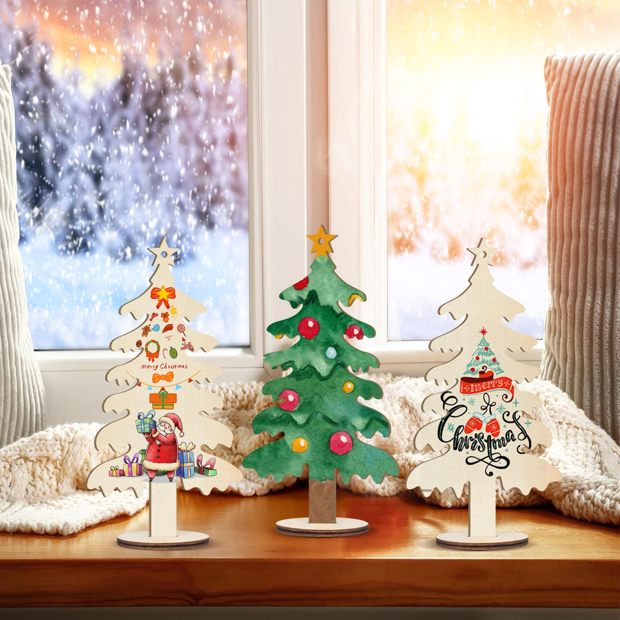 Wooden Christmas Ornaments to Paint Christmas Tree Decoration Cutouts Unfinished 3Pack 7 inches, Wood DIY Blank Christmas Tree Table Sign Ornament for Home Crafts Hanging Decoration with String Base Sophena