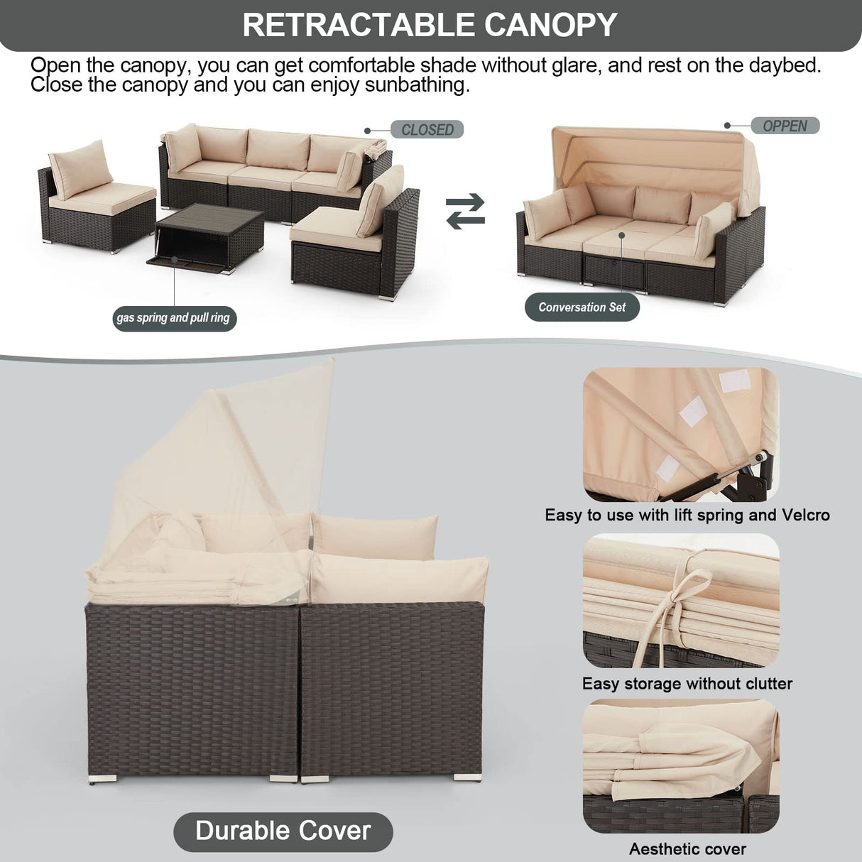 Vicluke 6 Pieces Patio Furniture Sets Outdoor Sectional Sofa Set Rattan Daybed with Retractable Canopy, Adjustable Backrest, Storable Tea Table Rectangle Sunbed for Backyard Garden Poolside(Khaki) Vicluke