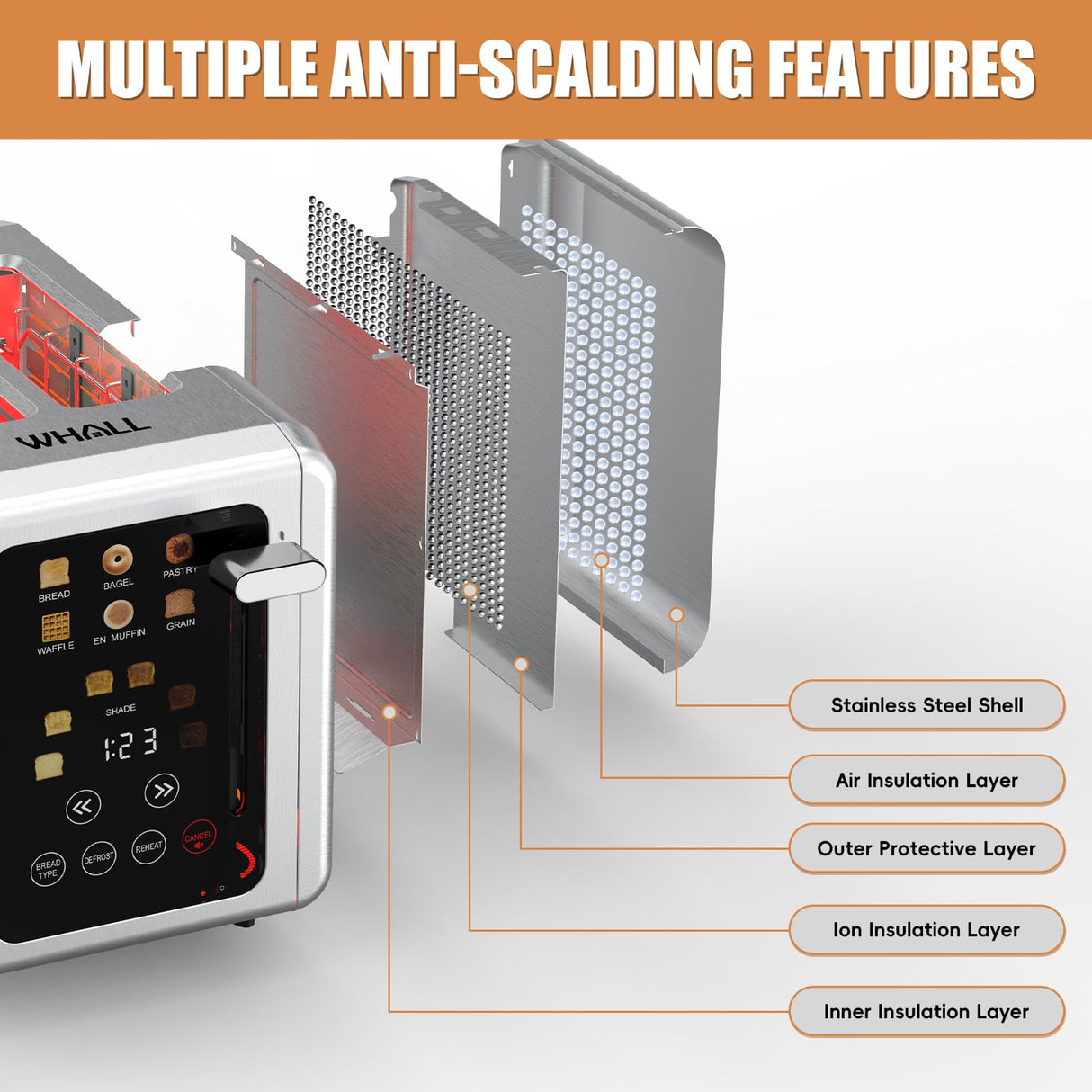 WHALL® Touch Screen Toaster 2 Slice, Stainless Steel Digital Timer Toaster, 6 Bread Types & 6 Shade Settings, Smart Extra Wide Slots Toaster With Bagel, Cancel, Defrost Functions whall