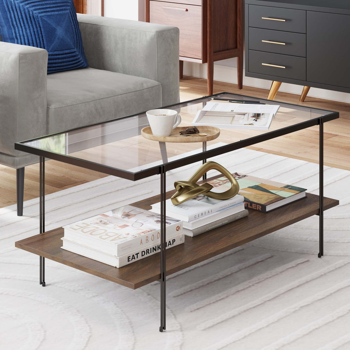 Nathan James Asher Mid-Century Rectangle Coffee Table Glass Top and Wood Finish Storage Shelf with Metal Legs, Walnut/Black Nathan James