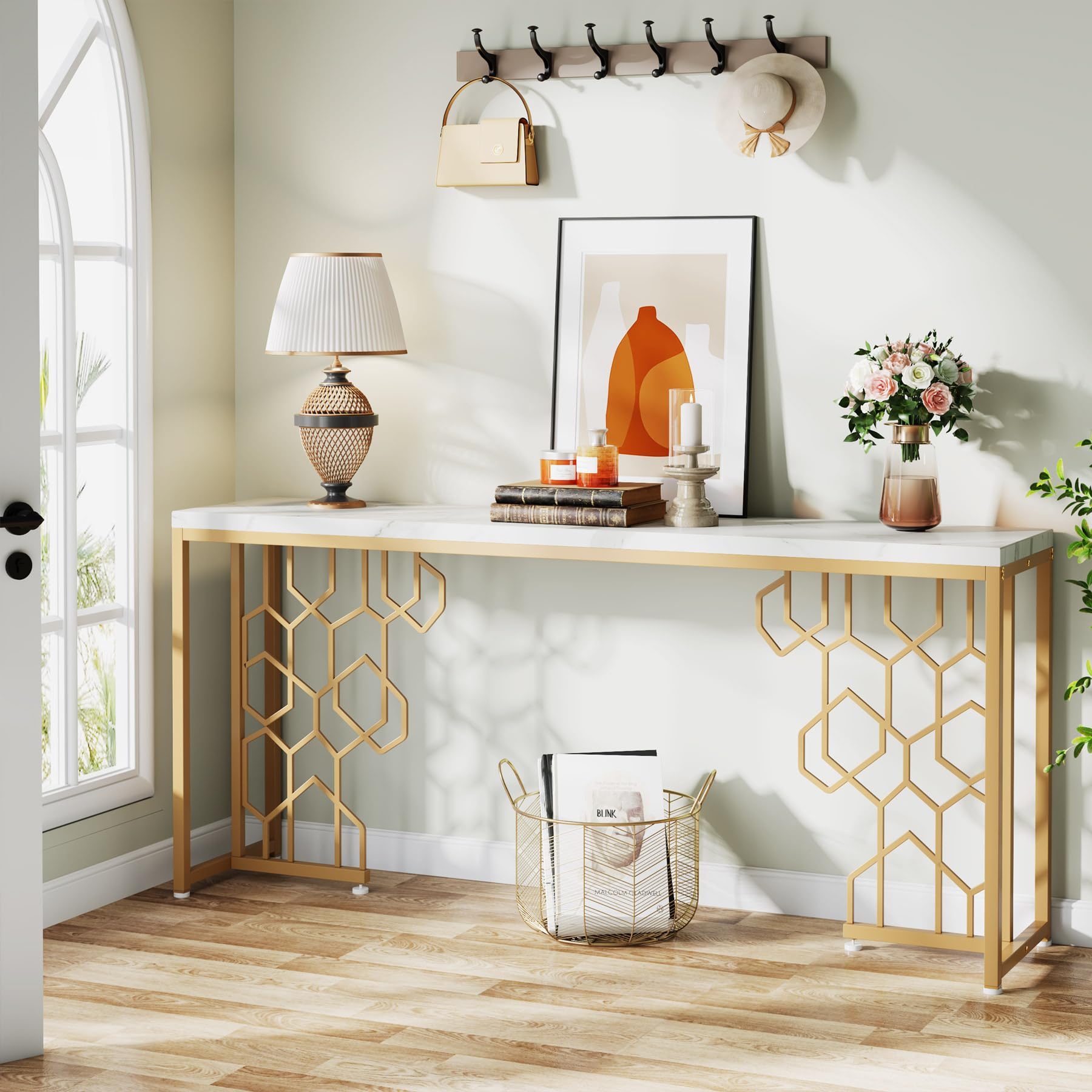 Tribesigns Modern Console Table, 70.87" Long Entryway Table for Living Room, Hallway, Entrance, Front Door, Foyer Sofa Table with Geometric Gold Frame & Faux Marble White Tabletop - WoodArtSupply