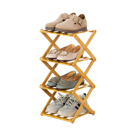 TlaroRiz 4-Tier Bamboo Small Shoe Rack Compact Foldable Free Standing Shoes Organizer for Front Door Entrance Garage Corridor Entryway and Living Room, Narrow Space-Saving Shoe Shelf, Natural TlaroRiz