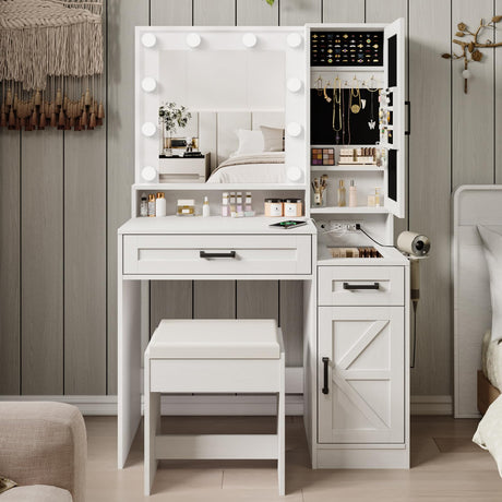 Fameill Vanity Desk with Mirror and Lights,Make up Vanity with Chair and Outlet,Dressing Table with Jewelry Cabinet, Bedroom Vanity with 2 Drawers, 3 Lighting Colors,36.4 inch,White Fameill