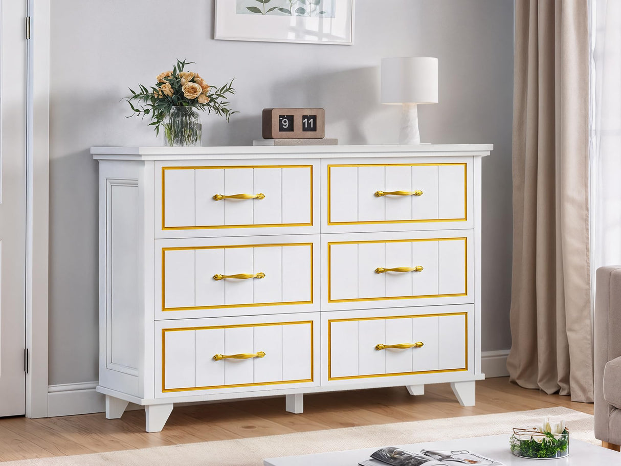 DWVO Farmhouse Wooden Dresser TV Stand with Power Outlet, 6-Drawer Dresser with Large Storage Drawers and Bar Handles, Ideal for Living Room, Hallway, 47.2" L x 15.7" W x 33.4" H - White & Walnut DWVO