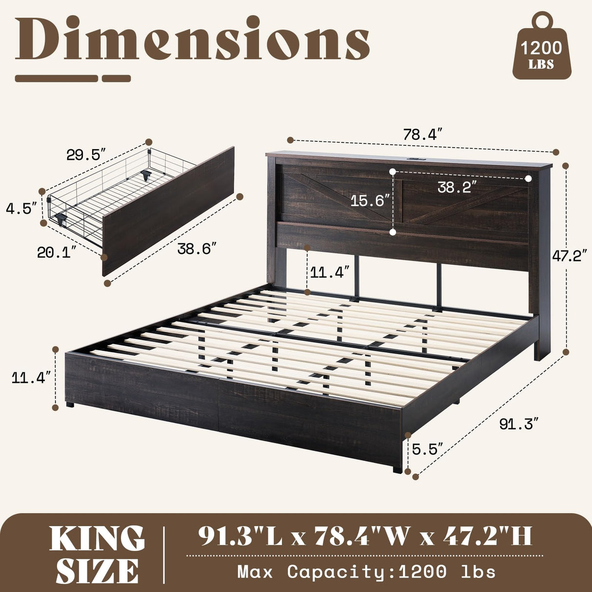 AMERLIFE 47.2" H King Bed Frame with Hidden Space Bookcase Headboard and Charging Station, Beds with 2 Storage Drawers and Wood Slats, No Box Spring Needed, Dark Oak AMERLIFE