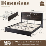 AMERLIFE 47.2" H King Bed Frame with Hidden Space Bookcase Headboard and Charging Station, Beds with 2 Storage Drawers and Wood Slats, No Box Spring Needed, Dark Oak AMERLIFE