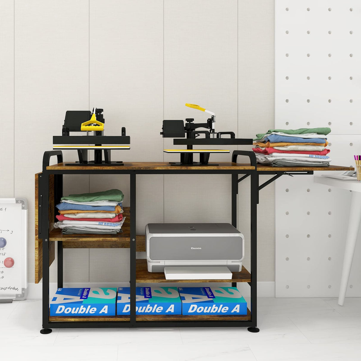 PUNCIA Large 3 Tier DIY Heat Transfer Press Machine Stands Heavy Duty Workbench with Folding Working Table for Sublimation Transfer Machine Metal Shelf Storage Organization PUNCIA