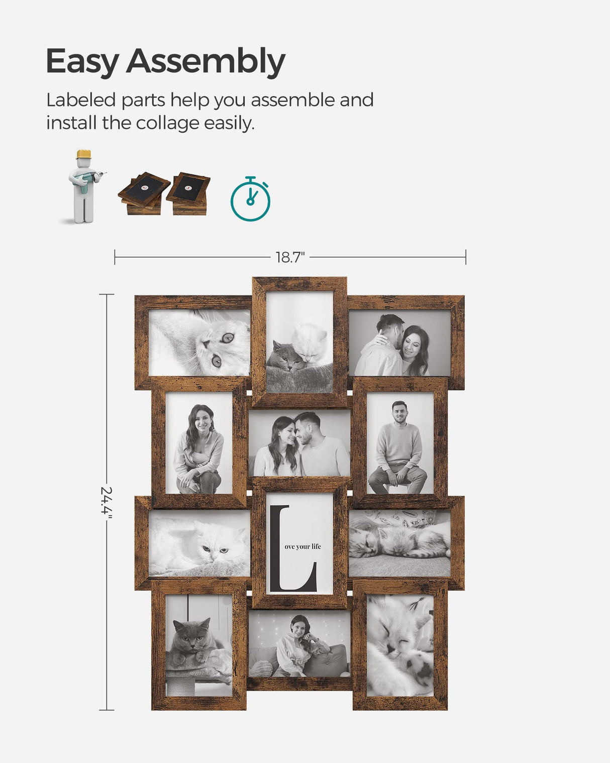 SONGMICS Collage Picture Frames, 4x6 for Wall Decor Set of 12, Multi Family Photo for Gallery Decor, Hanging Display, Assembly Required, Rustic Brown SONGMICS