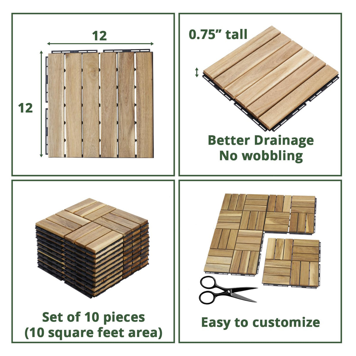 BEEFURNI Acacia Interlocking Deck Tiles (10PCS 12"x 12"), Wood Deck Tiles Interlocking Outdoor All Weather, Patio Flooring for Indoor Outdoor use, Easy Assembly, 1-Year Warranty (Natural Wood) BEEFURNI