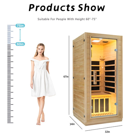 Indoor Far Infrared Sauna Room , Low EMF 5 Heating Panels 1400W Infrared Therapy for Personal Wooden Dry Sauna with Bluetooth Speakers LED Lamp 1 Person Home Spa for Christmas Valentine's Day Gift. Zugoni