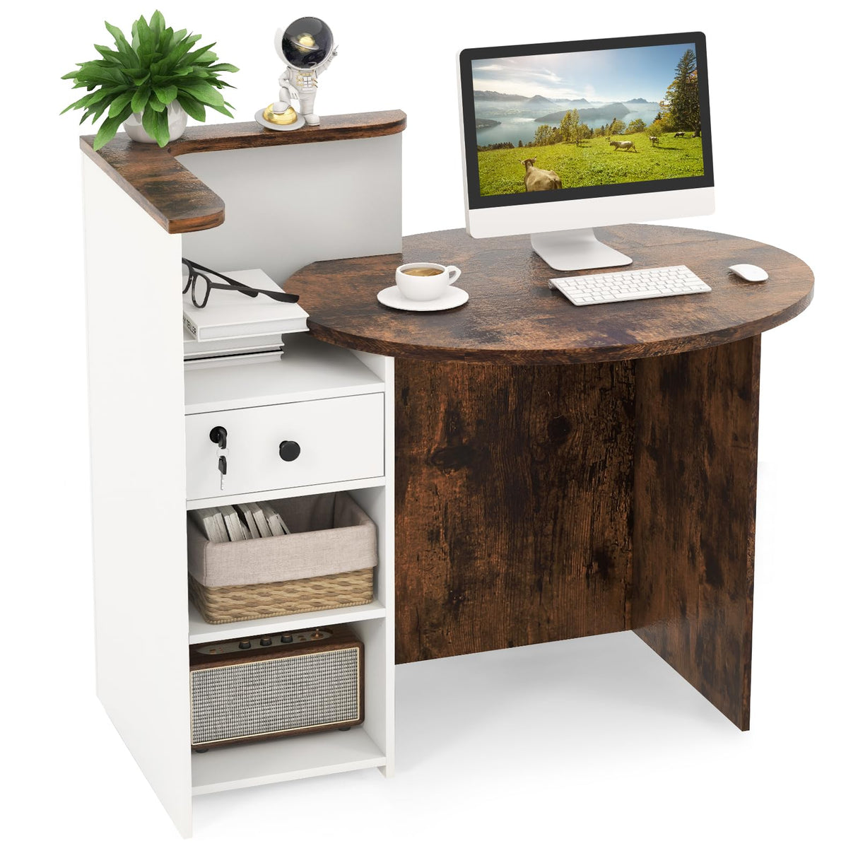 MAT EXPERT Reception Desk, Front Desk with Open Shelves, Lockable Drawer, Round Tabletop, Checkout Counter, Retail Counter, Computer Workstation for Office (White Cabinet & Rustic Brown Desktop) MAT EXPERT