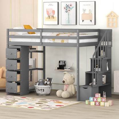 Merax Grey Twin-Size Loft Bed with Storage Drawers and Stairs for Teens - WoodArtSupply