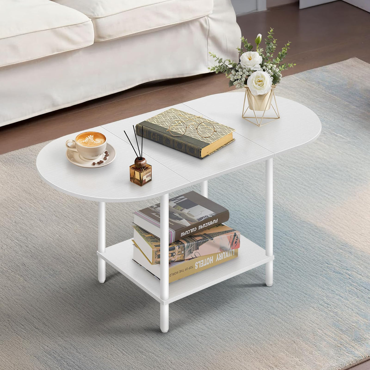 White Coffee Tables for Living Room,Mid Century Oval Center Table with Storage Shelf and Wood Tabletop,2-Tier Modern Narrow Cocktail Tea Table for Small Space,Small Apartment KANEODOT