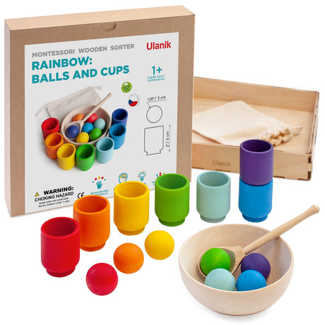 Ulanik Rainbow Balls in Cups Toddler Montessori Toys for 1+ Year Old Kids Wooden Matching Game for Learning Color Sorting and Counting — 7 Balls, 1.18 in Ulanik