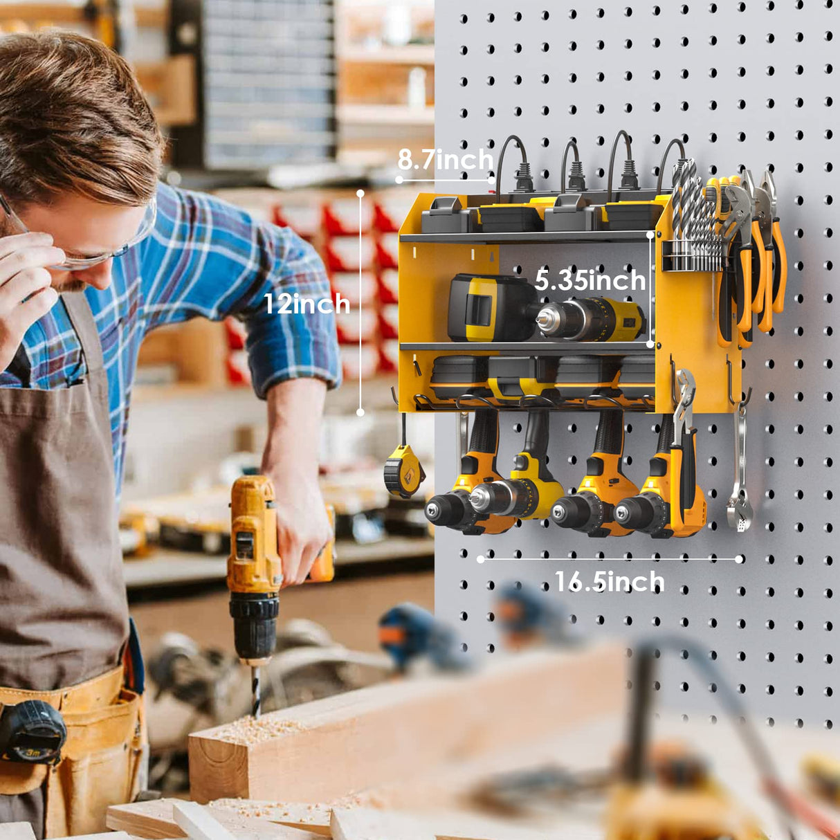 CCCEI Modular Power Tool Organizer Wall Mount with Charging Station. Garage Drill Storage Shelf with Hooks, Heavy Duty Rack, Tool Battery Holder Built in 8 Outlet. Gift for Men. Yellow. CCCEI