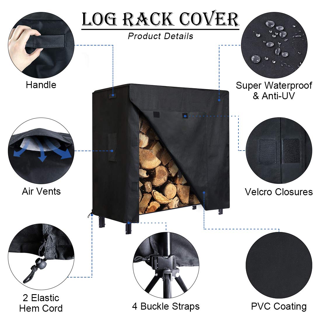 ZNCMRR Firewood Log Rack Cover, 4 Feet 600D Oxford Heavy Duty Outdoor Waterproof All-Weather Outdoor Protection for Firewood Rack Cover, 48" x 24" x 42" (4 Feet, Black) - WoodArtSupply