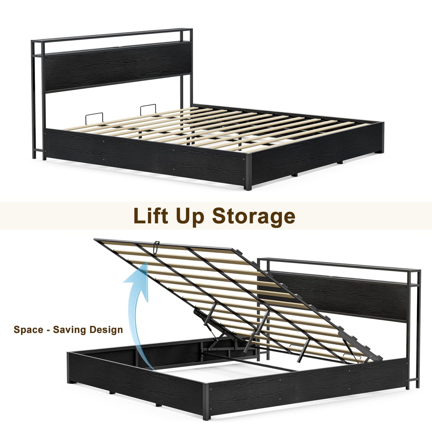 IKIFLY King Size Lift Up Storage Bed with Charging Station - Metal King Platform Bed Frame with Storage Shelf Headboard, Solid Wood Slats, No Box Spring Needed, Easy Assembly - Black