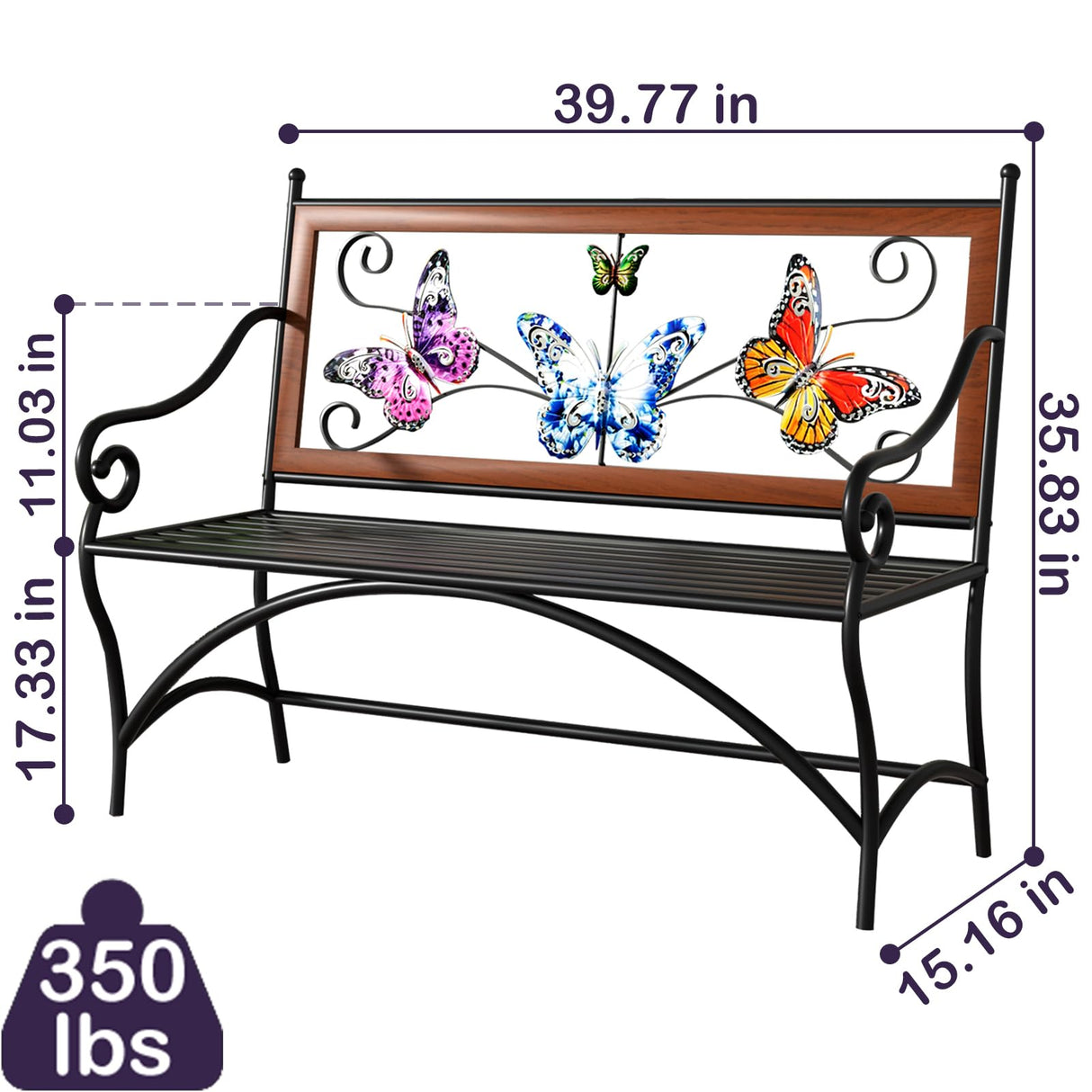 39.7" Outdoor Bench, Garden Bench, Patio Bench with Armrest, Slatted Seat and Butterfly Pattern Backrest for Outside, Front Porch, Park, Lawn, Backyard and Balcony, Cast Iron Metal Frame, Black KINGBO