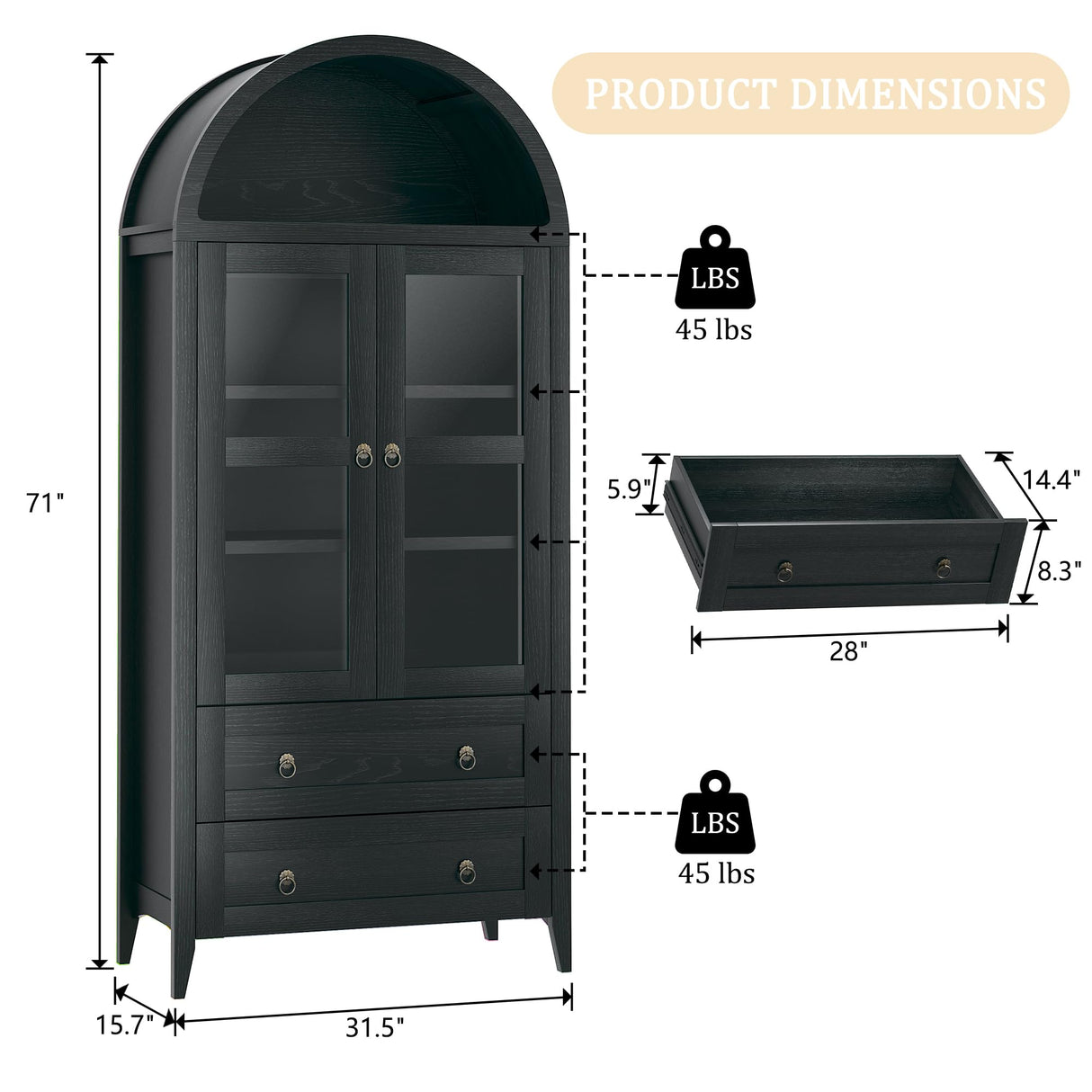 HUAHUU 71" Tall Arched Kitchen Pantry, Arched Cabinet with LED Lights, Kitchen Storage Cabinets with 2 Large Drawers & Adjustable Shelves & Glass Door for Living Room, Dining Room, Black HUAHUU