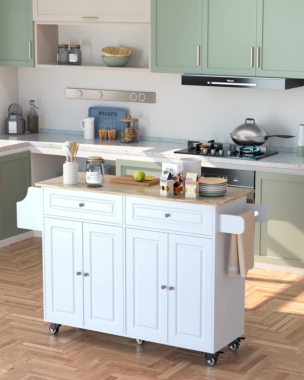 Qsun Kitchen Island on Wheels Kitchen Cart with Rubber Wood Top, Mobile Kitchen Island with Double Storage Cabinet and Drawers, Table (White) Qsun