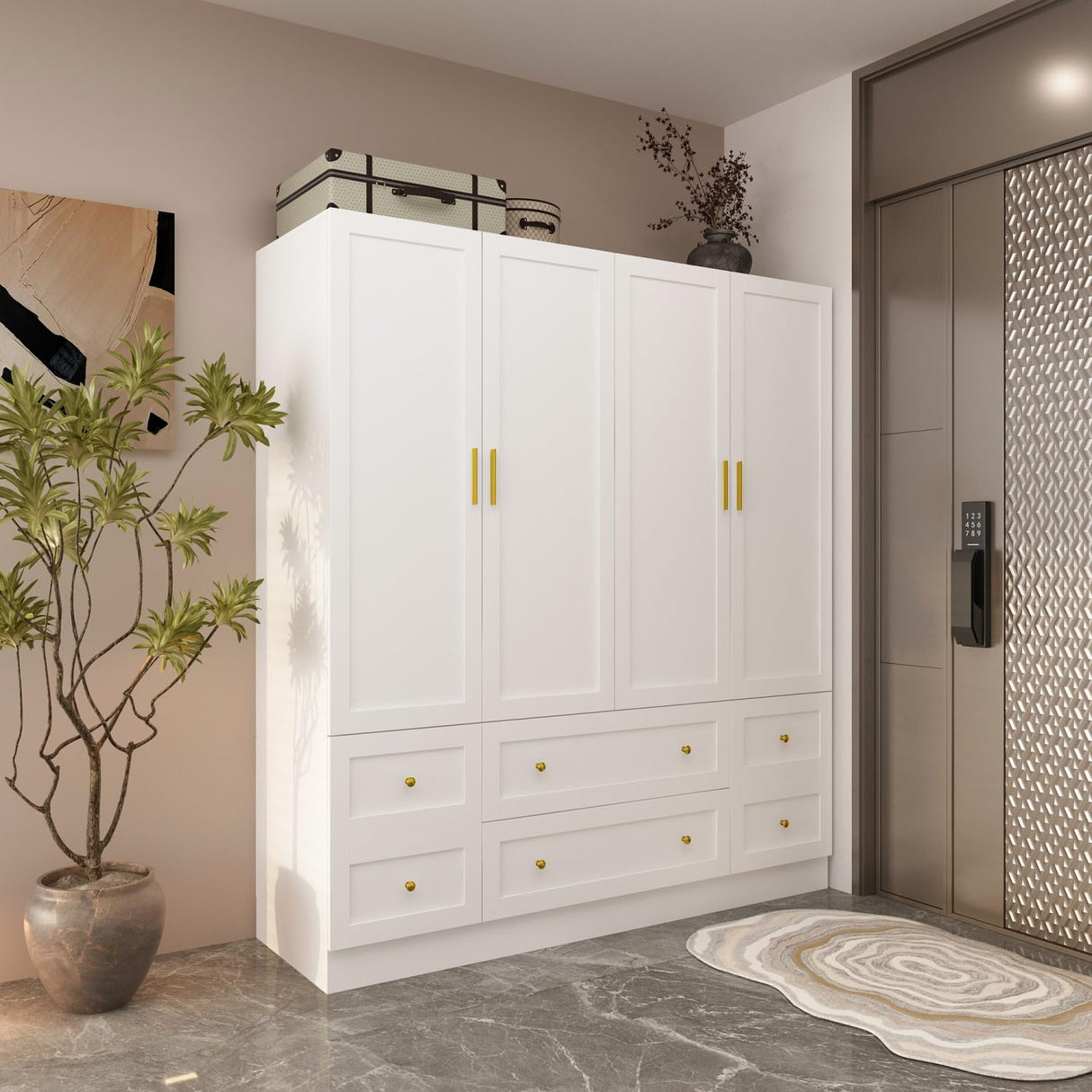 TAMUNE Large Wardrobe Armoire Closet with 4 Doors, White Wardrobe with Hanging Rods and Drawers, Shelf, Bedroom Armoire, Modern Clothes Wardrobes with Gold Handles, 19.7”D x 63”W x 70.9”H TAMUNE