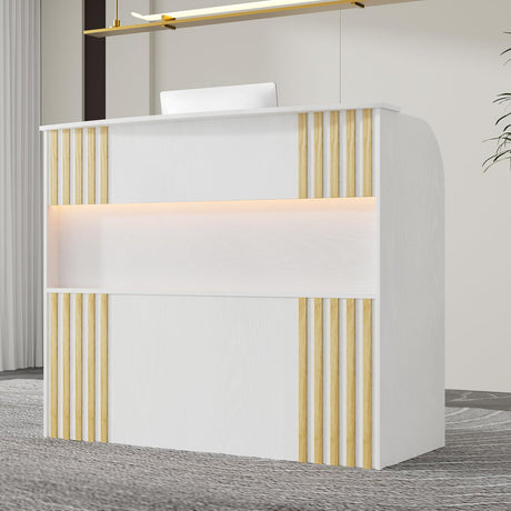VOWNER Modern Reception Desk with Storage Drawers, 39.4" H Office Counter with LED Lighting, Secretary Desk with Power Outlets – Front Desk for Salon, Lobby – White (47.2" W x 18.9" D x 39.4" H) VOWNER
