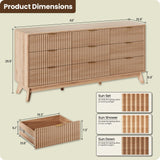TROJM 63'' Wide 9 Drawers Dresser for Bedroom,Modern Fluted Vertical Chest with Rounded Corners,Fluted Dresser for Living Room,Hallway, Natural Wood TROJM