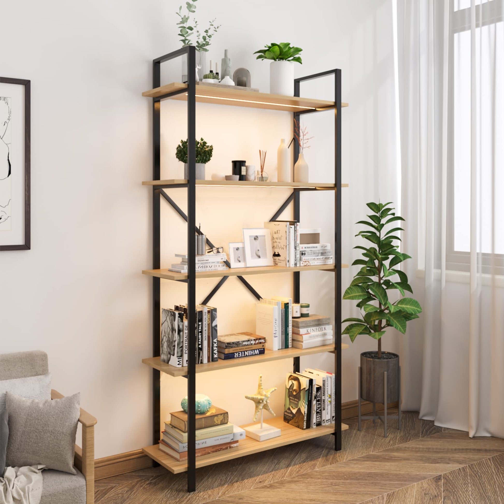 Vlsrka 5-Tier Smart Industrial Bookshelf with LED Lights - Modern Open Display Unit for Home and Office - WoodArtSupply