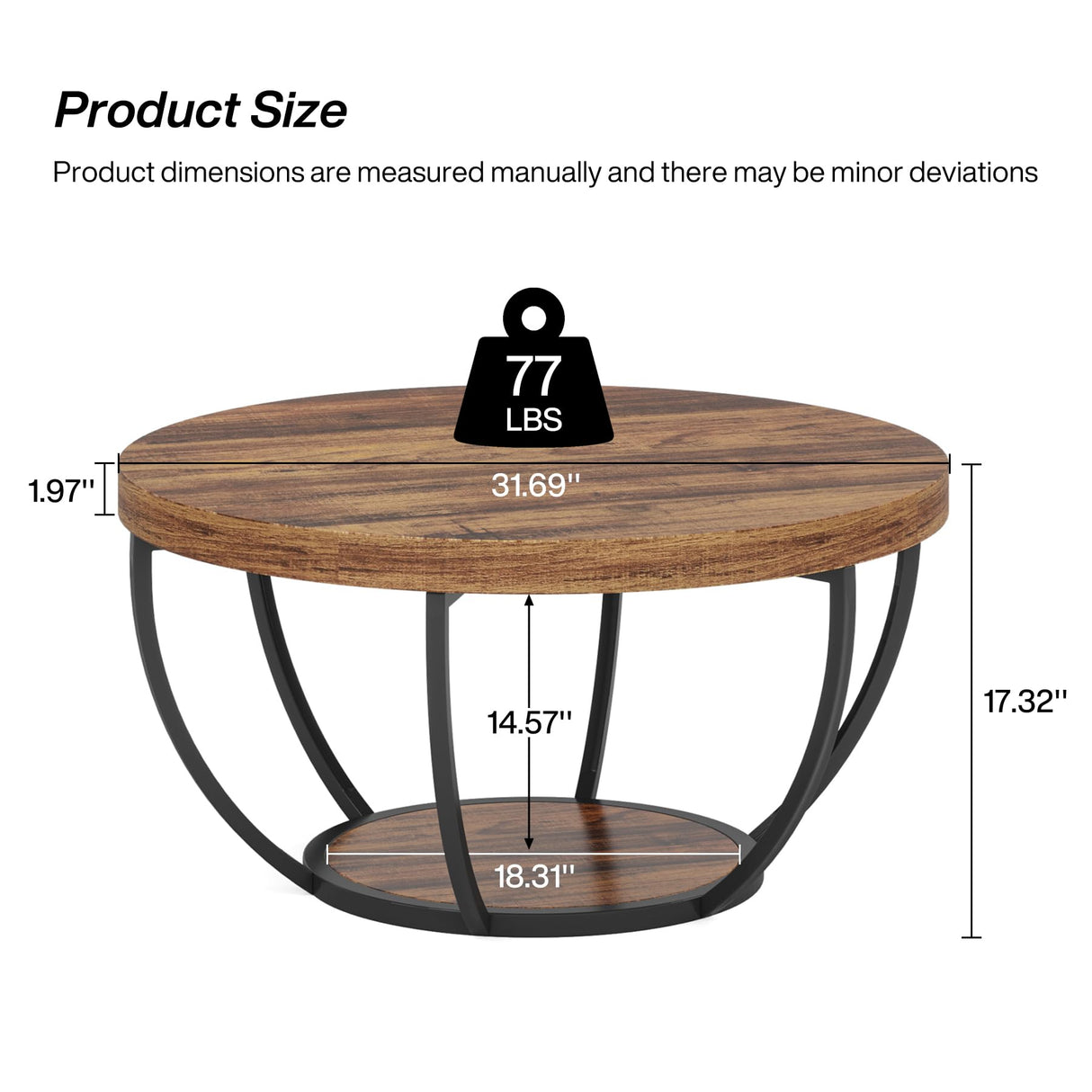 Tribesigns Round Coffee Table, Industrial 2-Tier Circle Coffee Table with Storage Shelves, Modern 31.7" Wooden Accent Center Table for Living Room, Home Office, Rustic Brown Tribesigns