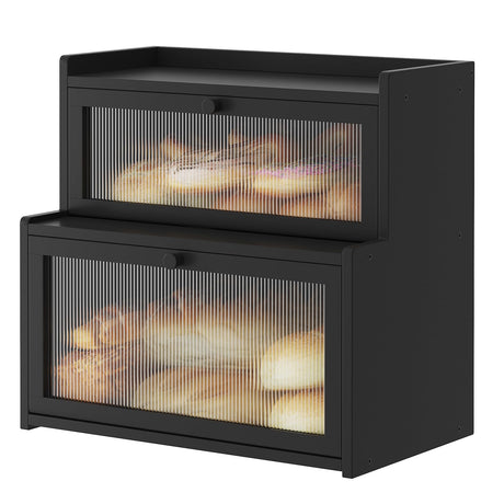 Furshus Double Layer Bamboo Bread Box for Kitchen Counter, Countertop Bread Storage Container, Bread Container Bread Storage with Window Bread Holder (Black) Furshus