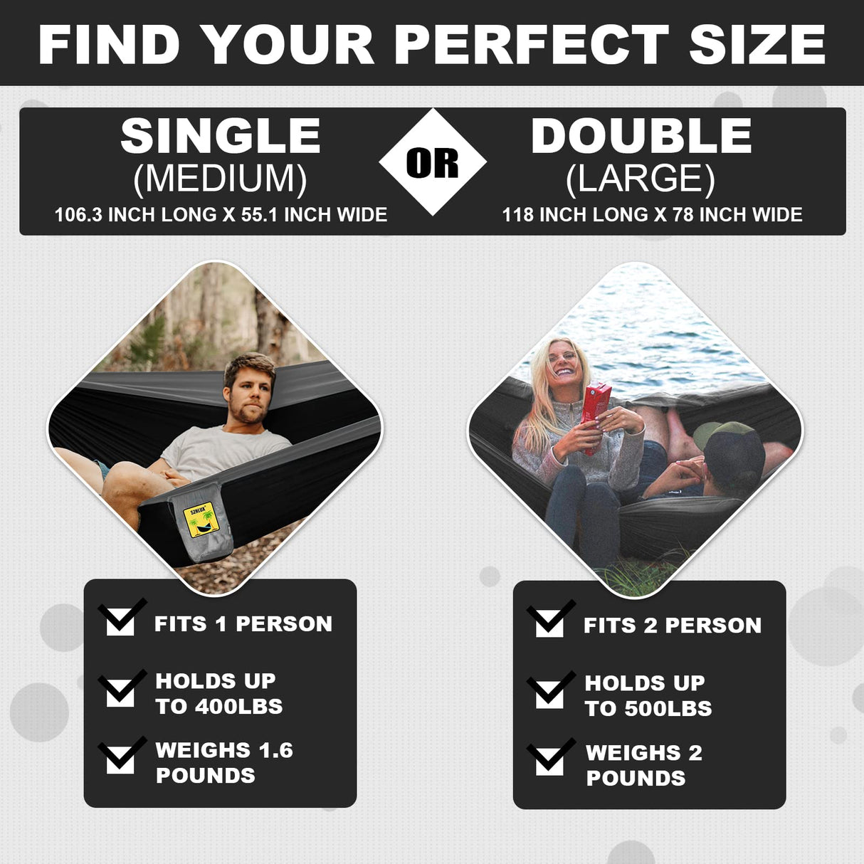 SZHLUX Camping Hammock Double & Single Portable Hammocks with 2 Tree Straps and Attached Carry Bag,Great for Outdoor,Indoor,Beach,Camping,Black & Grey, Large SZHLUX