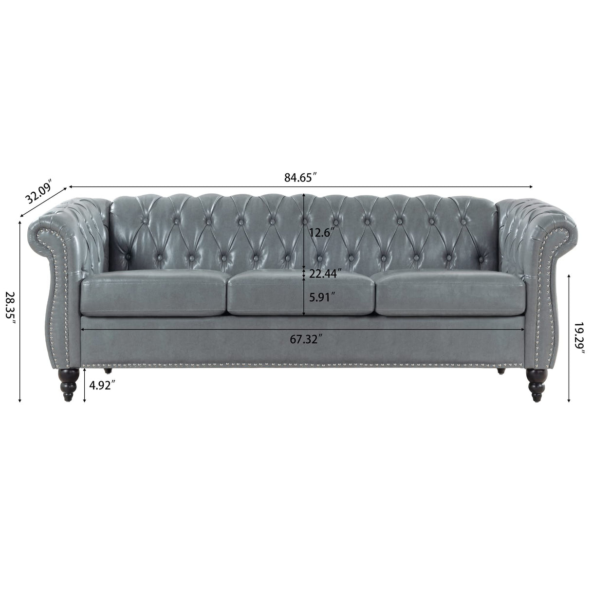 Ball & Cast 84" Chesterfield Leather Sofa with Channel Tufted Seat Back,Classic 3 Seater Couch w/Roll Arm Nailhead Trim and Upholstered,Mid Century Furniture for Living Room,Bedroom,Office,Grey PU Ball & Cast