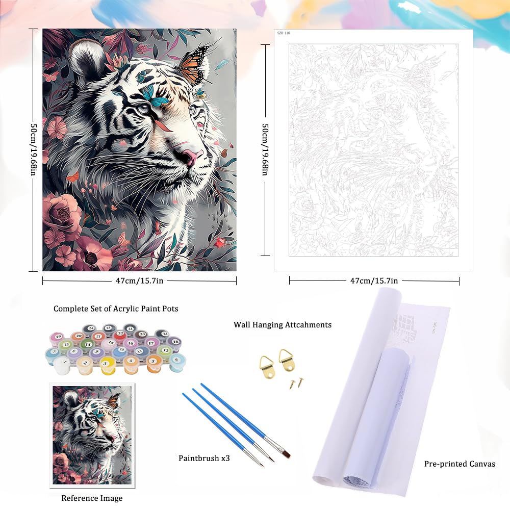 Natuyalo Paint by Numbers Kits for Adults, White Tiger Paint by Number for Adults Beginner, Animal Paint by Numbers on Canvas for Home Wall Decor 16x20 Inch Natuyalo