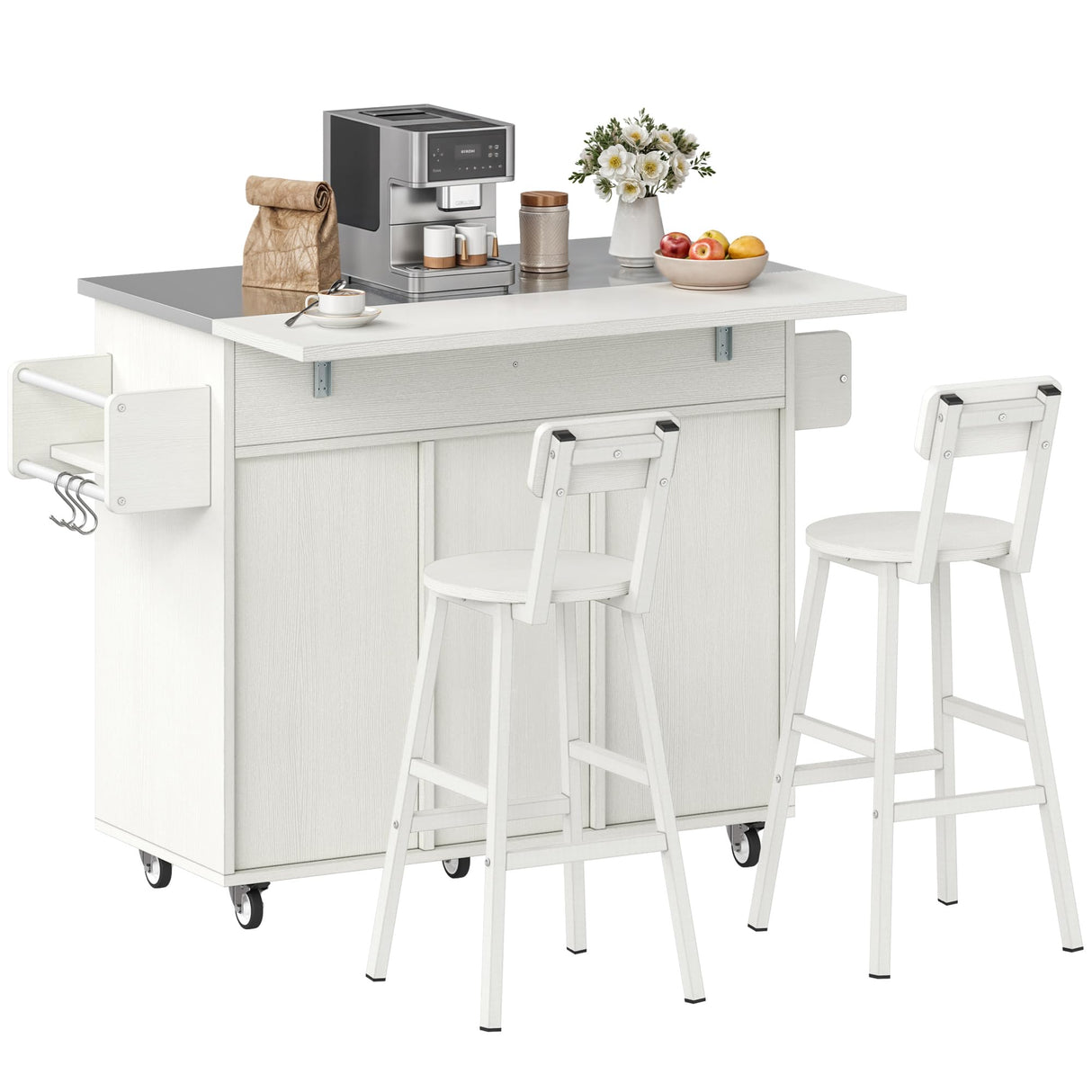 DWVO Kitchen Island with Seating, Mobile Kitchen Storage Island with Drop Leaf Countertop, Large Kitchen Island Table with Drawers, Cabinets, Bar Stools, Towel Rack and Spice Rack, White DWVO