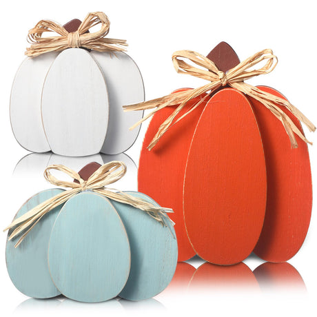Faccito 3 Pcs Fall Decorations Wooden Pumpkin Signs Thanksgiving Table Centerpieces Autumn Tiered Tray Decorations Farmhouse Pumpkins Block with Straw Bow for Home Mantel Harvest Party(Rustic Color) Faccito