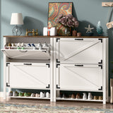 Halitaa Shoe Cabinet with 2 Flip Drawers, 5 Tier Farmhouse Shoe Storage Cabinet for Entryway, Narrow Slim Shoe Cabinet, Rustic White Freestanding Hidden Wooden Shoe Rack Cabinets Halitaa