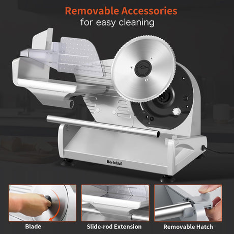 Meat Slicer, 200W Meat Slicer Machine for Home, DC Motor Quiet Deli Slicer with 2 Removable 7.5'' Stainless Steel Blades, Adjustable Dial for 0-15mm, Electric Food Slicer for Meat, Cheese, Bread Borlebbi