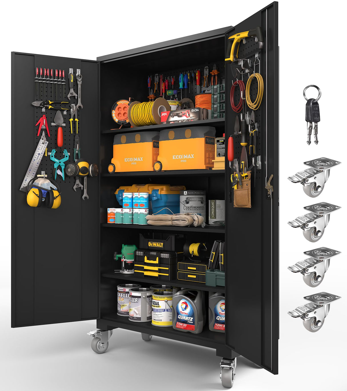 Upgraded Tall & Wide Metal Storage Cabinet with Doors & 4 Adjustable Shelves | Heavy-Duty Black Lockable Garage Cabinet with Wheels & Pegboard for Office, Gym, Basement, Warehouse (Black) basenji