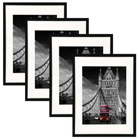 Fixwal 11x14 Black Picture Frame Set of 4, Display 8 x 10 Picture with Mat or 11 x 14 with Out Mat for Wall Hanging Display Fixwal