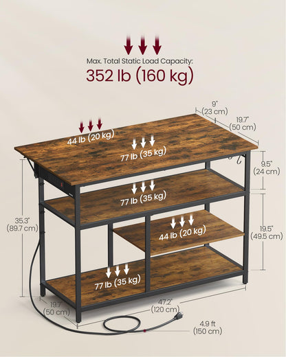 VASAGLE Kitchen Island with Drop Leaf, 47.2" Width Rolling Kitchen Cart with Power Strip, Extendable Worktop, Workbench,Pegboard, Adjustable Shelf, Rustic Brown and Ink Black UKKI013K01